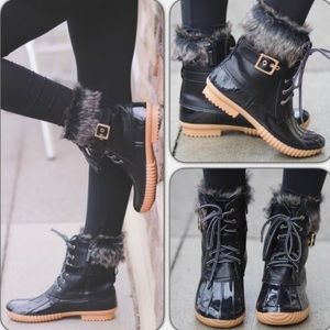 Duck Winter Rain Boots Black with Faux Fur Trim